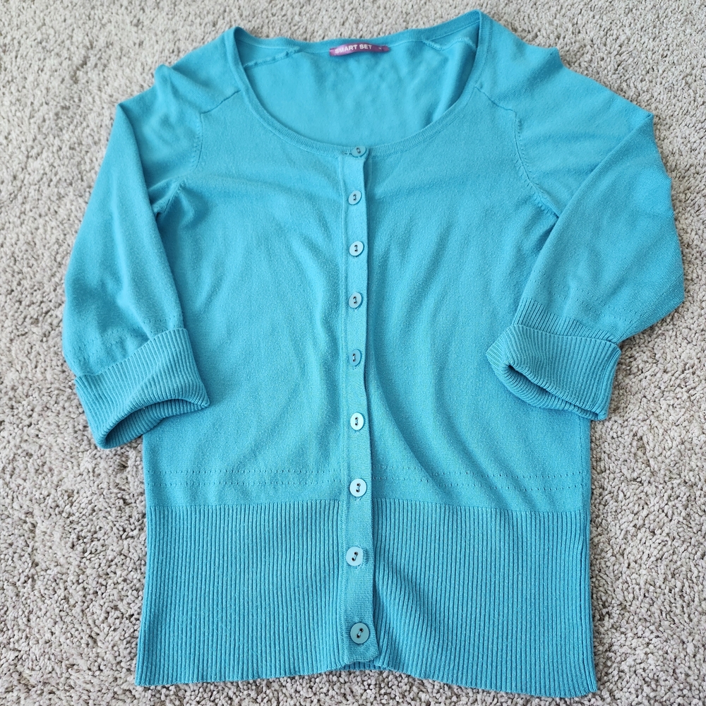 Smart Set Turquoise Blue Cardigan Small To Medium 3/4 Sleeve Fitted